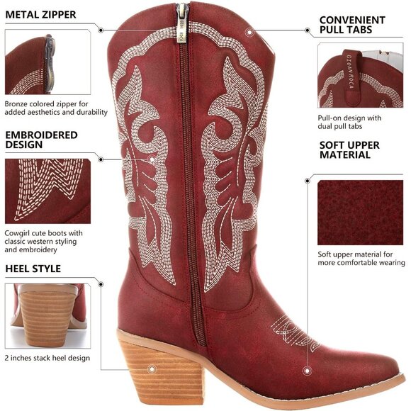 ⚡Women's Red Embroidered Fashion Retro Western Pointed Toe Chunky Heel Pull On - Picture 2 of 5